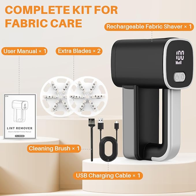 Rechargeable Fabric Shaver, Electric Lint Remover Sweater Shavers to Remove Pilling Fuzz & Pilling from Clothes Couch Furniture 3-Speed, 6-Leaf Blade, LED Display, USB Charging