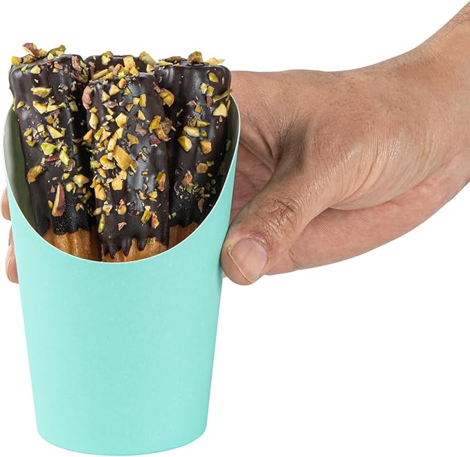 Restaurantware Bio Tek 12 Ounce French Fry Containers, 100 Disposable Charcuterie Cups - Incline Design, Round, Turquoise Paper French Fry Cups, Stackable, For Waffles, Chips, or Popcorn