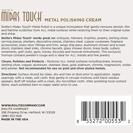 Rolite Midas Touch Metal Polishing Cream 2 Pack 4.5 Oz Each for Silver Gold Brass Copper Chrome Non-toxic Jewelry Restoration
