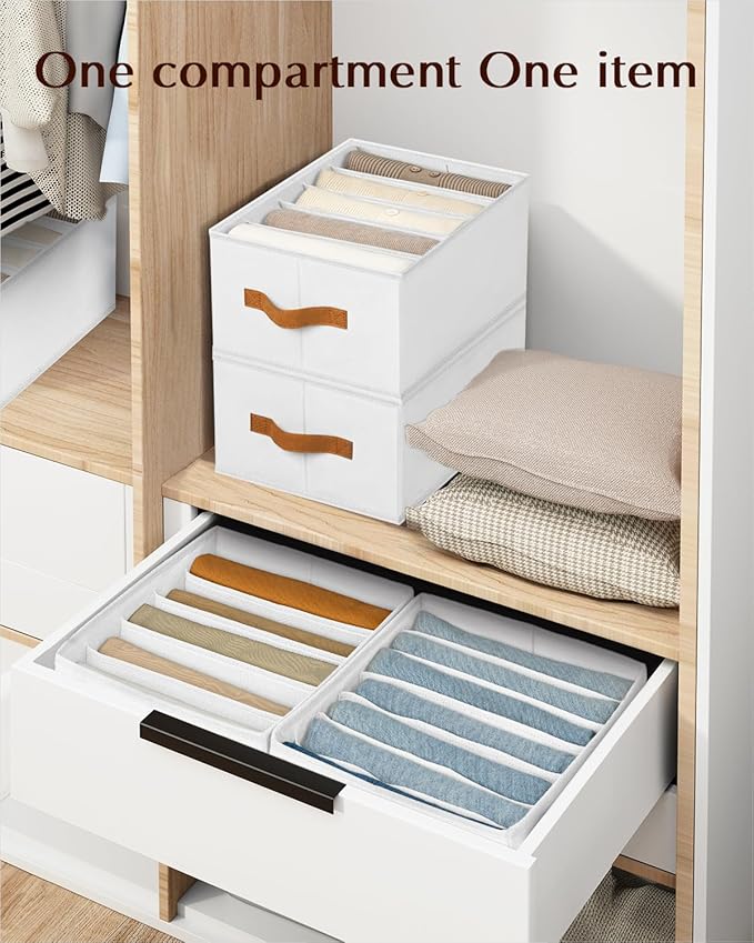Homsorout Clothes Organizers and Storage - 4/5/7 Grids Fabric Jeans Organizer with Handles, Foldable Closet Organizers Dividers, Wardrobe organizer for Pant, Sweater, T-shirt, Scarf, 6 Pack, White