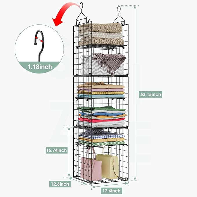 6-Tier Closet Hanging Organizer Shelves, Hanging Closet Organizer and Storage Bin with Adjustable Dividers, Metal & Foldable Closet Hanging Organizers and Storage for Clothes Sweaters Shoes Handbags