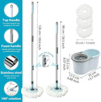 Spin Mop and Bucket with Wringer Set, 360° Spinning Mop Bucket System with 3 Microfiber Mop Replacement Heads and 50" Stainless Steel Adjustable Handle for Floor Cleaning