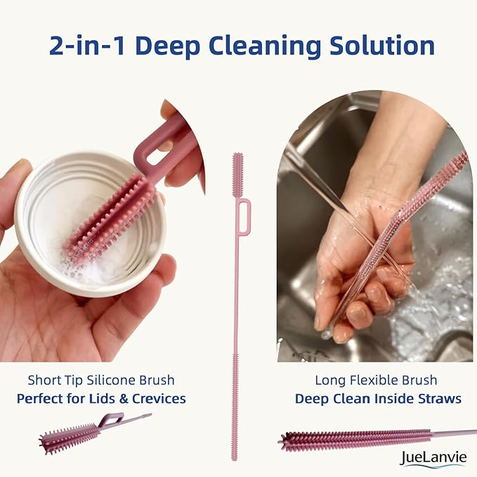 2-in-1 Dual-Head Straw Brush, Silicone Cleaning Brush for Straws & Lid Gaps, Long Flexible for Tumblers & Bottles, Non-Slip Handle, No-Scratch, 2 Pack (6mm & 9mm), Durable & Reusable (Dusty Rose)
