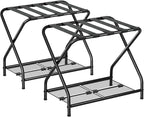 Set of 2 Foldable Black Luggage Rack Stands with Storage Shelves – Heavy Duty Metal Holders, 150 lbs Top, 50 lbs Bottom Each, Fits 20”-28” Luggage – Guest Room, Bedroom, Hotel LR-BK-2