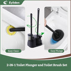 Eyliden Disposable Toilet Brush and Plunger Combo | 2-in-1 Toilet Bowl Wand Kit - 10 Count Pre-Soaked Refill Heads, 3-Step Plunger, Storage Holder - Compact Toilet Cleaning System, Black