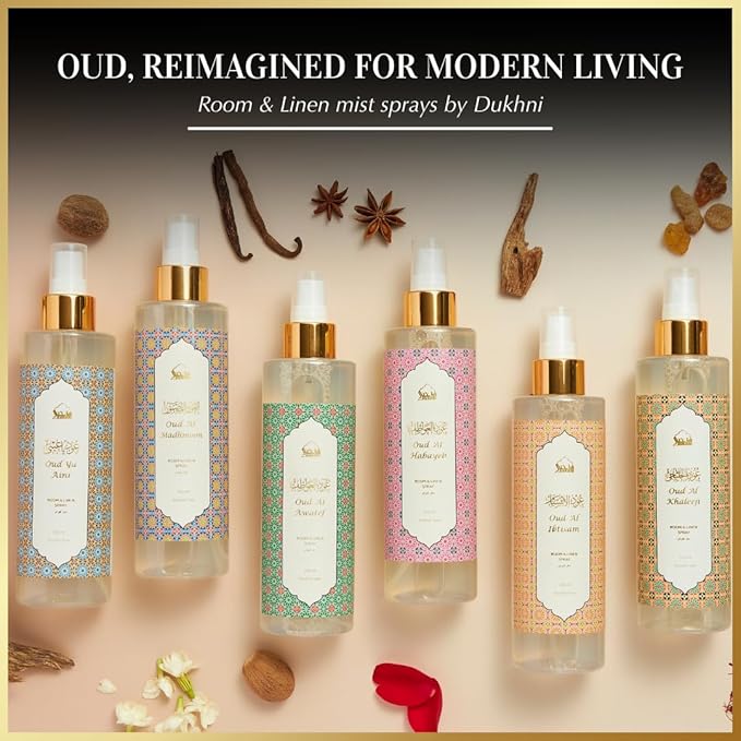 Oud al Mukhtar Arabic Room Spray by Dukhni | 250ml Oud fragrance Air Freshener, Attar al Faraash for home & prayer mats | Bed linen, Sofa Mist, natural home scent, curtain spray, odour eliminator