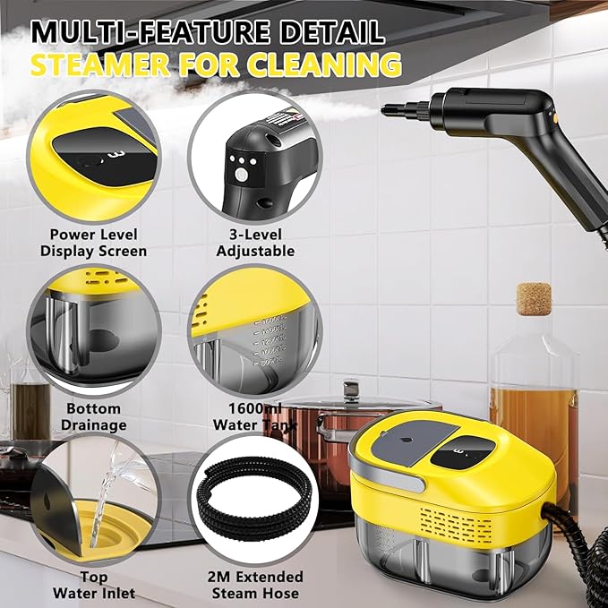 2026 New 3 Level Adjustable Pressurized Handheld Steam Cleaner for Home, 10s Heat-Up Handheld Steamer for Cleaning, 1.6 Qt Tank Portable Steam Cleaner Handheld for Car,Grout,Tile,Couch,Floor