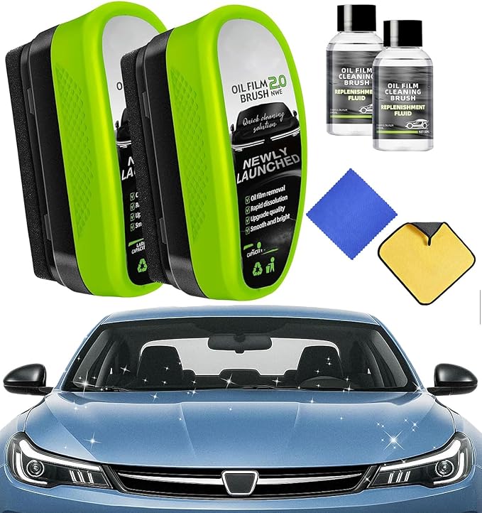 ClearVision 2.0 Car Glass Cleaning Kit, 2-Pack Glass Scrubber & 2 Microfiber Towels & 2 Refill Liquid, Universal Windshield Care Tool for Automotive Windows, Streak-Free Maintenance