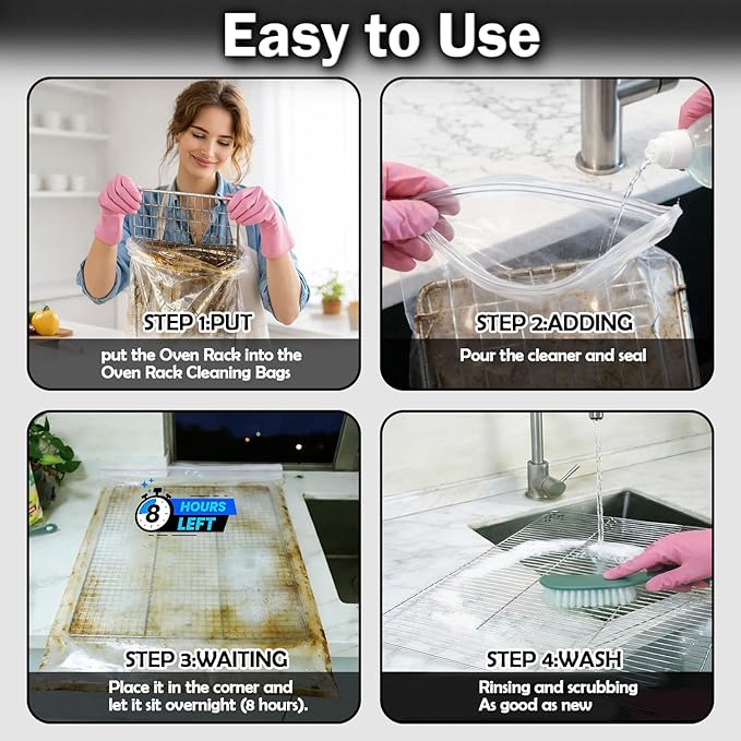 Mity Rain 5 Packs Oven Rack Cleaning Bag Kit, Reusable No-Scrub Oven Rack Cleaning Bags, Includes three gloves and one brush (three 23.62*35.43 inch and two 31.50*39.37inch) leak-resistant PE bags