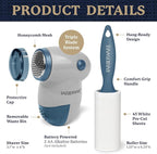 Farberware Fabric Shaver & Lint Remover Set–Battery Operated Sweater Shaver with Triple Blades and Extra Sticky Roller for Pet Hair, Fuzz & Pilling on Clothes, Upholstery & Bedding (Gray/Blue, Small)