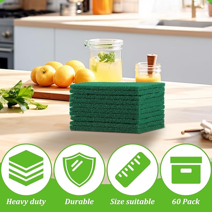 60 PCS Scouring Pads Heavy Duty, Reusable Multipurpose Scour Pads, 5.9 x 3.95 inch Household Scrub Pad for Cleaning, Green Dish Scrubber Scrubbing Pad for Dishes Sink Kitchen Metal Grills