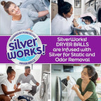 SilverWorks! Wool Dryer Balls Laundry Reusable - Odor Eliminating Dryer Laundry Balls with Silver Technology - Natural Fabric Softener and Static Reducer, Reduce Drying Time and Energy Costs - 6 Pack
