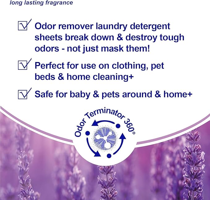 DR.EASY Odor Remover Laundry Detergent Sheets 240 loads Lavender,Easy To Carry Great For Travel,safe for baby & pets,No mess No Dyes biodegradable formula