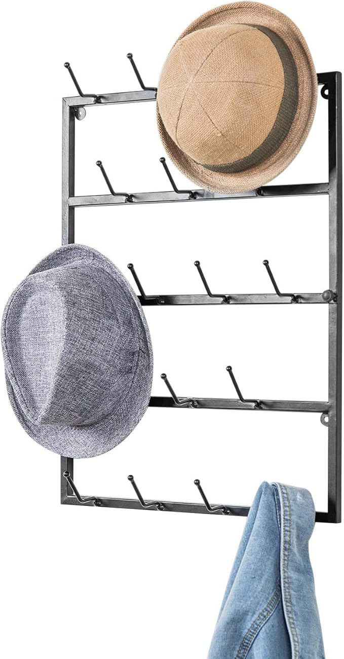 MyGift 5 Tier Modern Matte Black Metal Hat Rack for Wall, Entryway Organizer Hat, Scarves, Key Holder Hanger with 18 Hooks