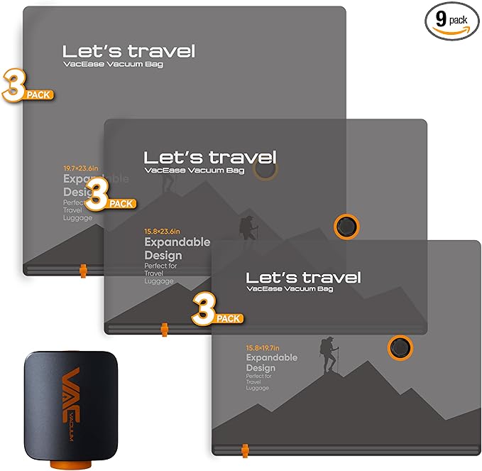 Travel Vacuum Bags for Clothing with Rechargeable Cordless Pump,Vacuum Storage Bags,9 Pack Vacuum Bags,Compression Packing for Clothes,Pillows,Comforters & Travel