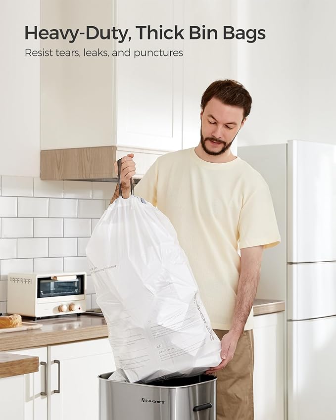 SONGMICS Trash Bags for 8-Gallon (30 L) Trash Cans, Drawstring Kitchen Garbage Bags, Pre-Separated, Liner Code 30A, 2 Rolls, 90 Count, White UKRB30A02