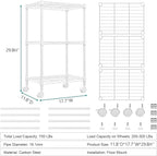 M MZG 3 Tier Shelf Metal Storage Shelves Wire Rack Closet Organizers with Wheel for Garage Kitchen Bathroom Laundry White 11.8" D x 17.7" W x 29.8" H