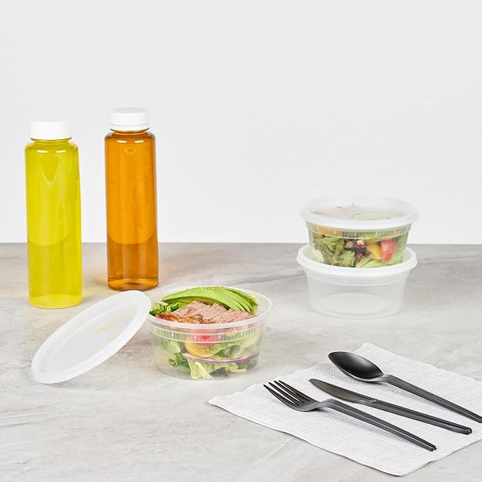 Asporto 12 Ounce To Go Boxes, 100 Microwavable Round Soup Containers - Clear Plastic Lids Included, Do Not Contain BPA, Clear Plastic Soup Containers, Disposable - Restaurantware