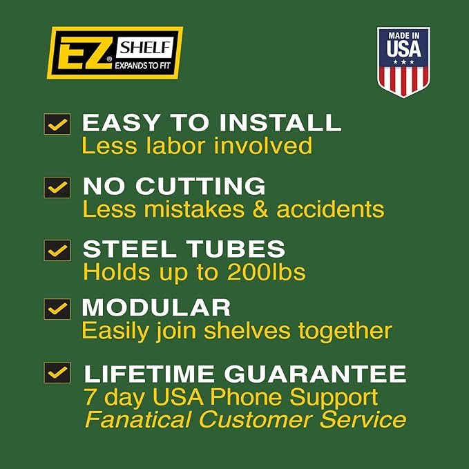 EZ Shelf - DIY Expandable Closet Shelf (NO Hanging Rod) - 28” to 48” - White - Easy to Install to 2 Sidewalls - (EZS-SW48) - Wire Closet Shelving Alternative