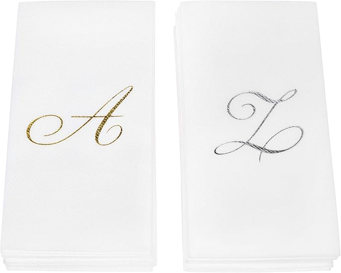 AMERICAN HOMESTEAD Disposable Hand Towels - Silver Foil Monogrammed Guest Napkins - Linen-Like Bathroom Paper Towels for Guests - Perfect Wedding and Party Napkins - 50 Count (Silver A)