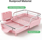 SNTD Dish Drying Rack, Expandable Dish Rack for Kitchen Counter, Stainless Steel Dish Drainer with Drainboard Set and Utensil Holder (Pink)