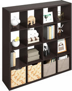 Furinno Simple Cube Storage Organizer, 16-Cube Display Shelf, Open Back Shelving Unit, Storage Shelves, Extra Thick Frame, for Organization and Storage, Living Room, Home Office, Dark Oak