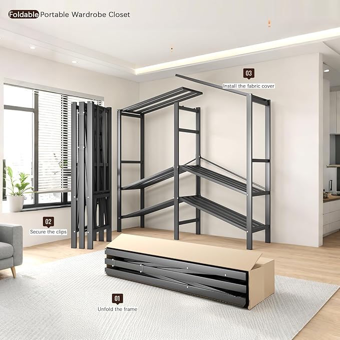 Foldable Portable Armoire Wardrobe Closet for Hanging Clothes Rack, Heavy Duty Covered Clothes Rack with Cover(HARDBOARD Magnetic), Closet Garment Rack for Bedroom Storage (KT Grey, 74.8in)