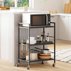 3-Tier Metal Storage Rack with Industrial Wheels,Mesh Shelving Unit with Wooden Table top,Adjustable Shelf,23.6-Inch Width,15.8-Inch Depth, for Kitchen, Laundry,Pantry,Plant,Black panel