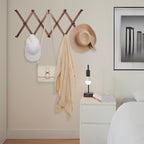SCUNDA 16 inch High Accordion Wall Hanger with 14 Hooks, Wooden Wall Expandable Coat Rack for Coat, Hats, Baseball Caps, Coffee Mug, Jewelry
