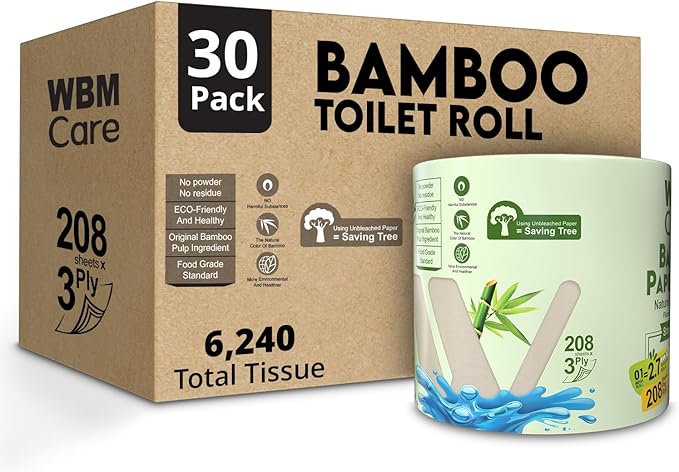 WBM Care Bamboo Toilet Tissue, Strong & Flexible 3-Ply, All Natural Tree Free and Septic Safe Paper Towels, 250 Sheets Each Roll, Total 7500 Sheets, 30 Rolls