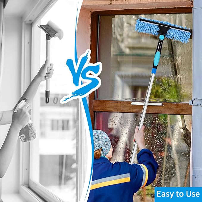 Window Washing Kit with Extension Pole, 73’’ Window Cleaning Squeegee Kit, 3 in 1 Window Cleaning Kit with 2 Microfiber Pads & 2 Chenille Pads for Indoor Outdoor Windows