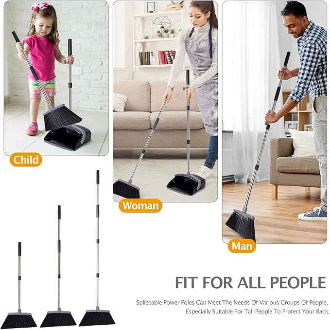 Broom and Dustpan Set, Dustpans with Broom Combo for Home, Heavy Dust Broom and Dustpan Combo, Long Handle Dust Pan and Broom Set for Kitchen, Office, Pet Hair, Charcoal Color, Pack of 1