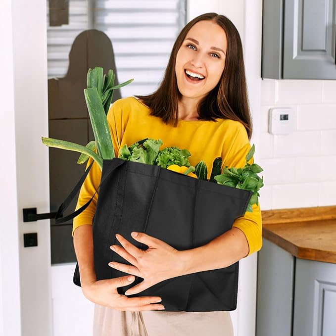 WISELIFE Reusable Grocery Shopping Bags 10 Pack Large Foldable Tote Bags Bulk, with Long Handle for Shopping Groceries Clothes (Black)