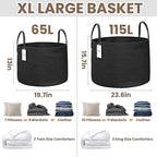 JMvicyroam 115L Extra Large Blanket Basket for Living Room - Woven Cotton Rope Laundry Hamper with Reinforced Handles - Storage Bin for Pillows, Comforters & Toys - Machine Washable,Black
