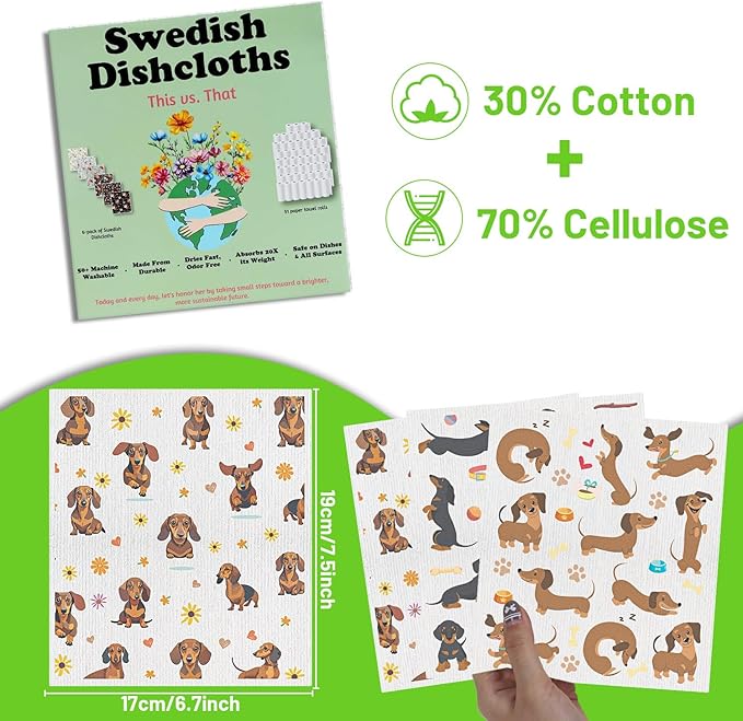 Dachshund Dog Gifts Swedish Dishcloths, 6 Pack Swedish Dish Cloths for Kitchen, Dog Absorbent Reusable Cellulose Sponge Cloths Kitchen Towels