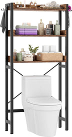 Besiost Over The Toilet Storage Rack - 3 Tier Bathroom Organizer with Shelves, Freestanding Space Saver Storage Rack Above Toilet Stand with 4 Hooks for Restroom, Laundry, Rustic Brown