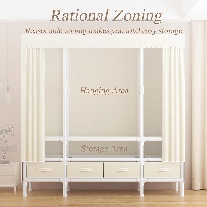 Portable Closet,Garment Rack,Heavy Duty Clothes Rack with Cover,Wardrobe Closet with 1 Hanging Rods, 2 Storage Shelves and 2 Drawers,27.5" L x 17.7" W x 67.7" H,Pale Yellow