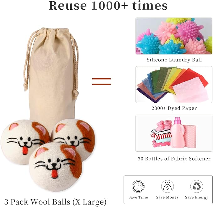 Dryer Balls Laundry Reusable, Wool Dryer Balls, Cute Dryer Balls Animals, Wool Dryer Balls Laundry Reusable, Laundry Dryer Balls, with Cute Pattern, Shorten Drying Time and Fluff
