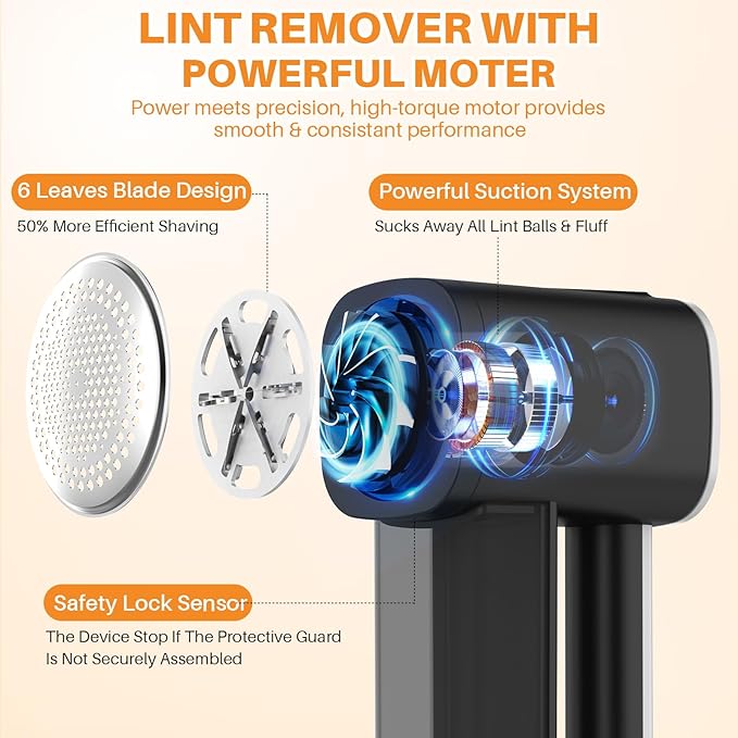 Rechargeable Fabric Shaver, Electric Lint Remover Sweater Shavers to Remove Pilling Fuzz & Pilling from Clothes Couch Furniture 3-Speed, 6-Leaf Blade, LED Display, USB Charging