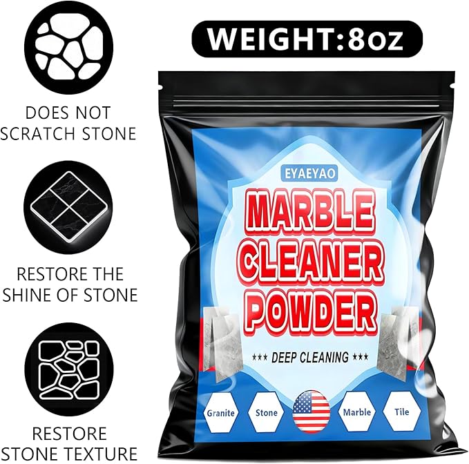 Marble Cleaner, Granite Countertop Cleaner, Marble Polishing Powder, Watermarks Remover, Spot Polish Water Stains, Rings or Etches, Stain Remover For Marble, Granite, Stone, Quartz (8 Ounces)