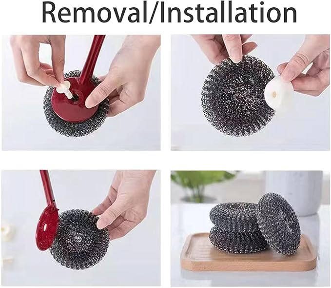 Steel Wool Brush Long Handle Stainless Steel Scrubbers Brush with Replacement Pad for Grill BBQ Pots Pans