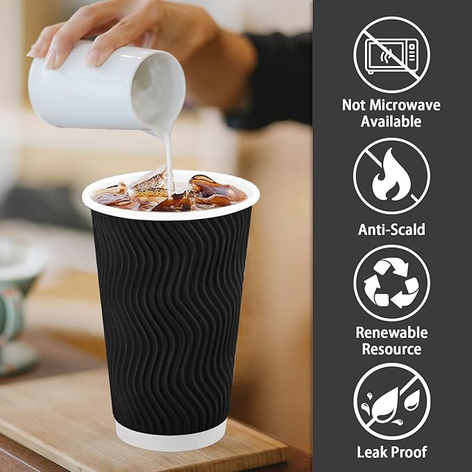Lamosi Disposable Coffee Cups 16 OZ 90 Pack, Paper Coffee Cups 16 OZ for Hot Drinks or Cold Beverages, Insulated Corrugated Ripple Wall Cup No Lids for Office, Cafe, Home or Travel (Black)