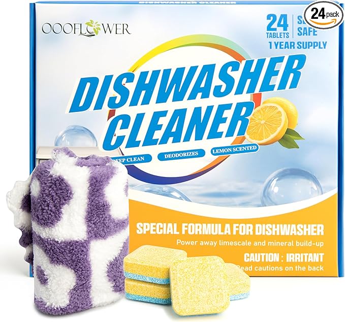 24-count Dishwasher Cleaner Tablets with Coral Fleece Cleaning Cloth, Deep Cleaning and Descaling Formula, Removes Odors and Hard Water Residue, Maintains Dishwashers(Lemon Scent)