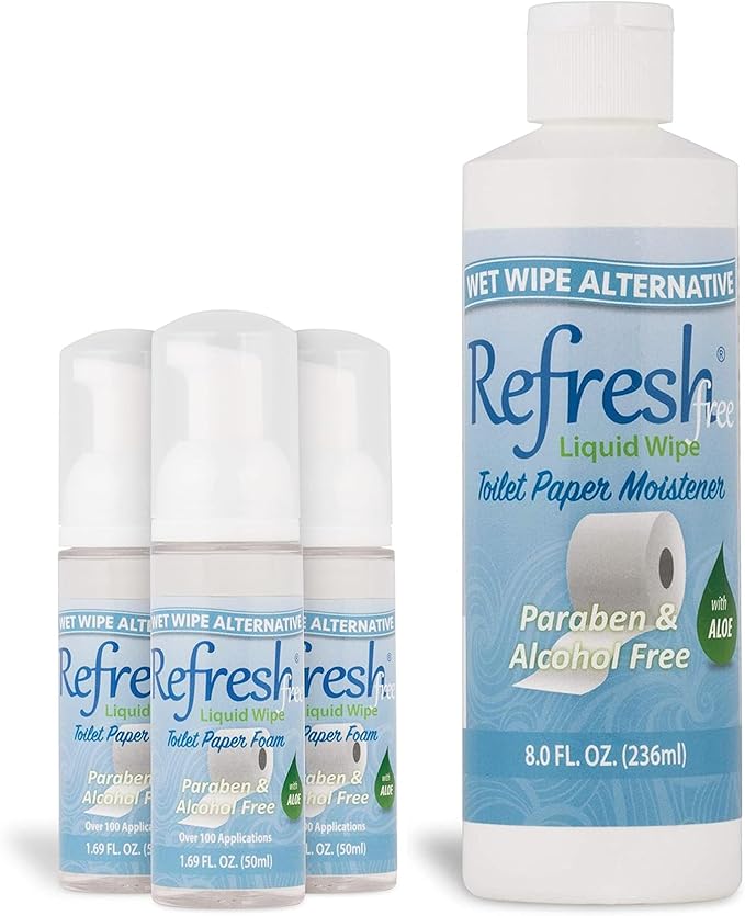 Refresh Wipes Sensitive Skin Foam Bundle– Alcohol & Paraben Free Formula - with Witch Hazel and Aloe – 3 Travel Foams + 8oz Refill