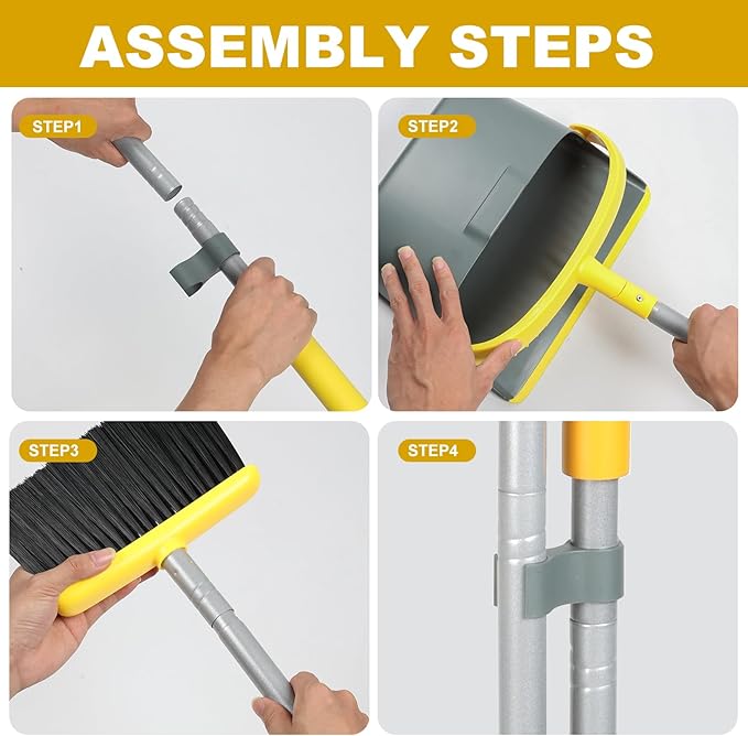 Broom and Dustpan Set with 54 Inch Long Handle - Perfect Dust Pan and Brush Combo for Home Efficient Cleaning (Yellow and Grey)