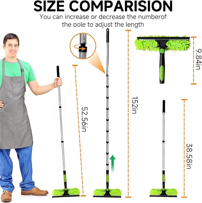 Professional 152" Window Squeegee Cleaner Tool with Extension Pole, 2-in-1 Squeegee for Window Cleaning Kit with Scrubber and Rotating Head, Window Cleaner for Car, Sliding Door, Shower Glass Door