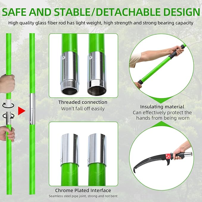 Manual Pole Saw for Tree Trimming, 27 FT Manual tree purner with 8-Section Fiberglass Handle, Sharp steel Blade, Easy to Carry and Extendable Design for Tree Maintenance, Green