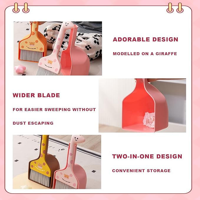 Mini Broom and Dustpan Set Cartoon Small Broom with Dustpan Combo Set Cute Cleaning Kit for Home Office Floor (Brown)
