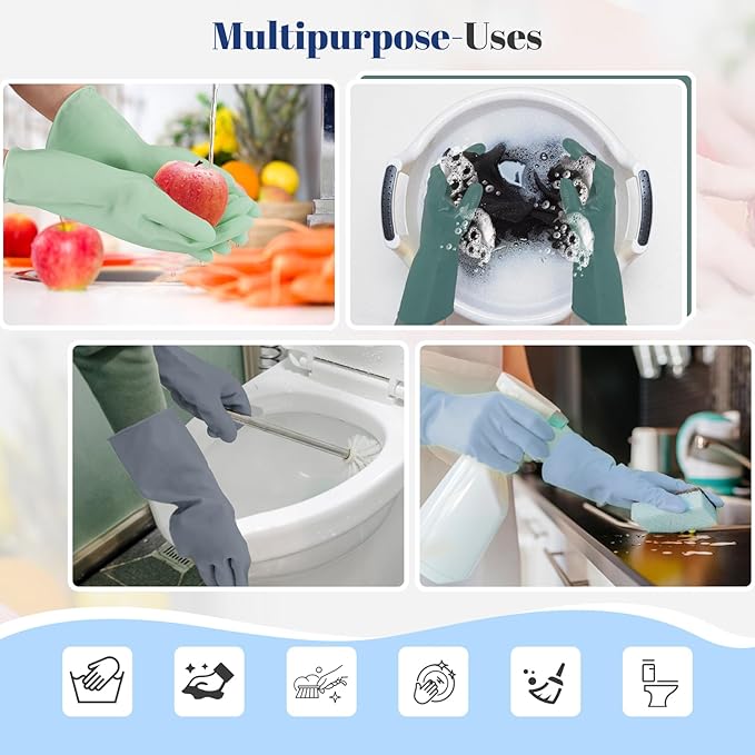 Rubber Kitchen Dishwashing Gloves - 4 Pairs Colorful Reusable Household Cleaning Gloves For Washing Dishes And Cleaning Tasks，Flexible And Durable Waterproof (Small, Dark Green+Blue+Green+Gray)