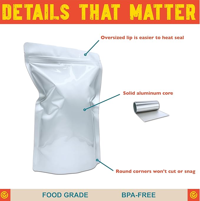 2 Quart Mylar Bags, Heavy Duty, Stand-Up Vacuum Seal Bag for Long-Term Food Storage, Dehydrated Meals [50-Pack | 8" x 12" x 4"]